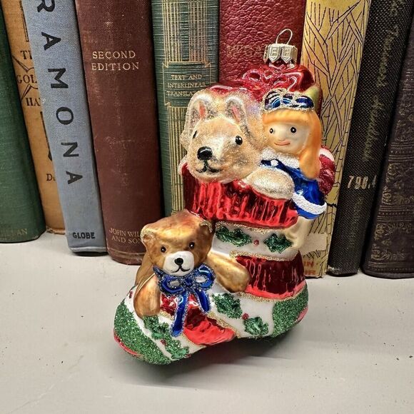 Fitz and Floyd Vintage Christmas Stocking w Toys Glass Ornament 2 Sided Tree Dec - Picture 2 of 8